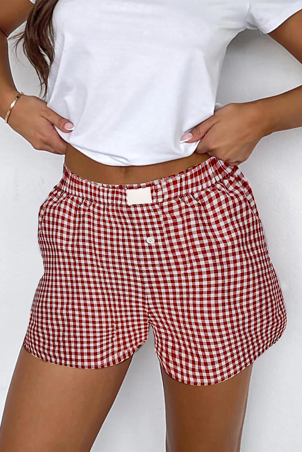 blue Red Plaid Gingham Printed High Waist Shorts