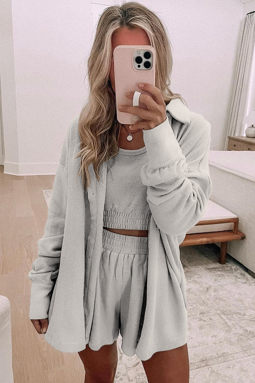 Gray 3 Pcs Crop Tank Top Shorts with Cardigan Lounge Set