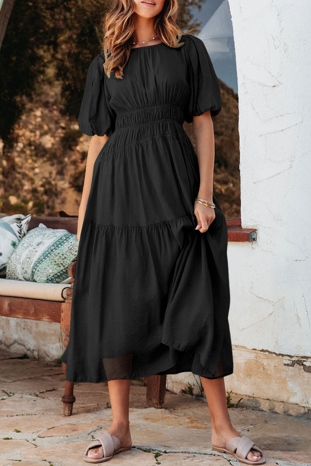 Pink Puff Sleeve Pleated High Waist Flowy Long Dress