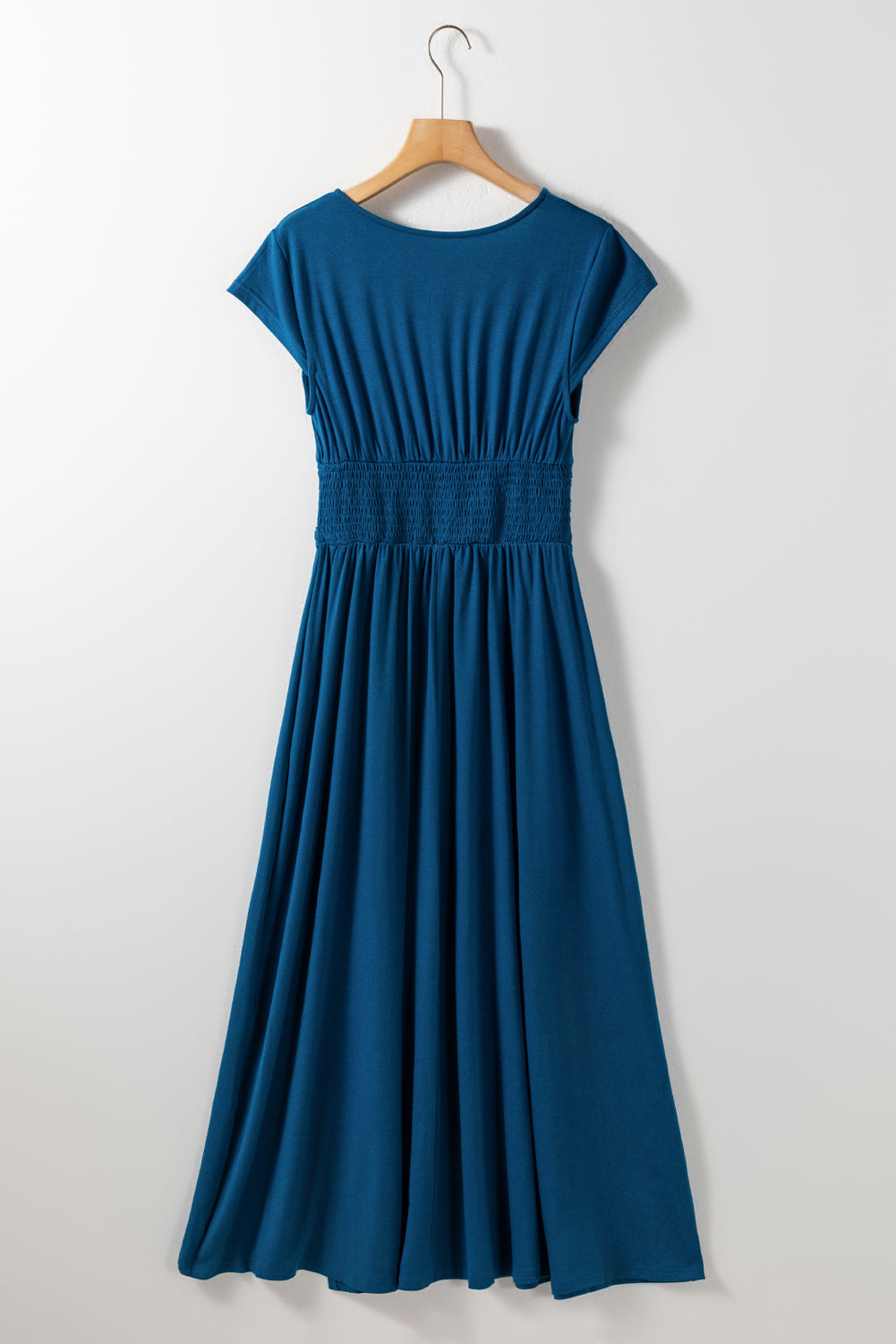 Black Short Sleeve Shirred High Waist V Neck Maxi Dress