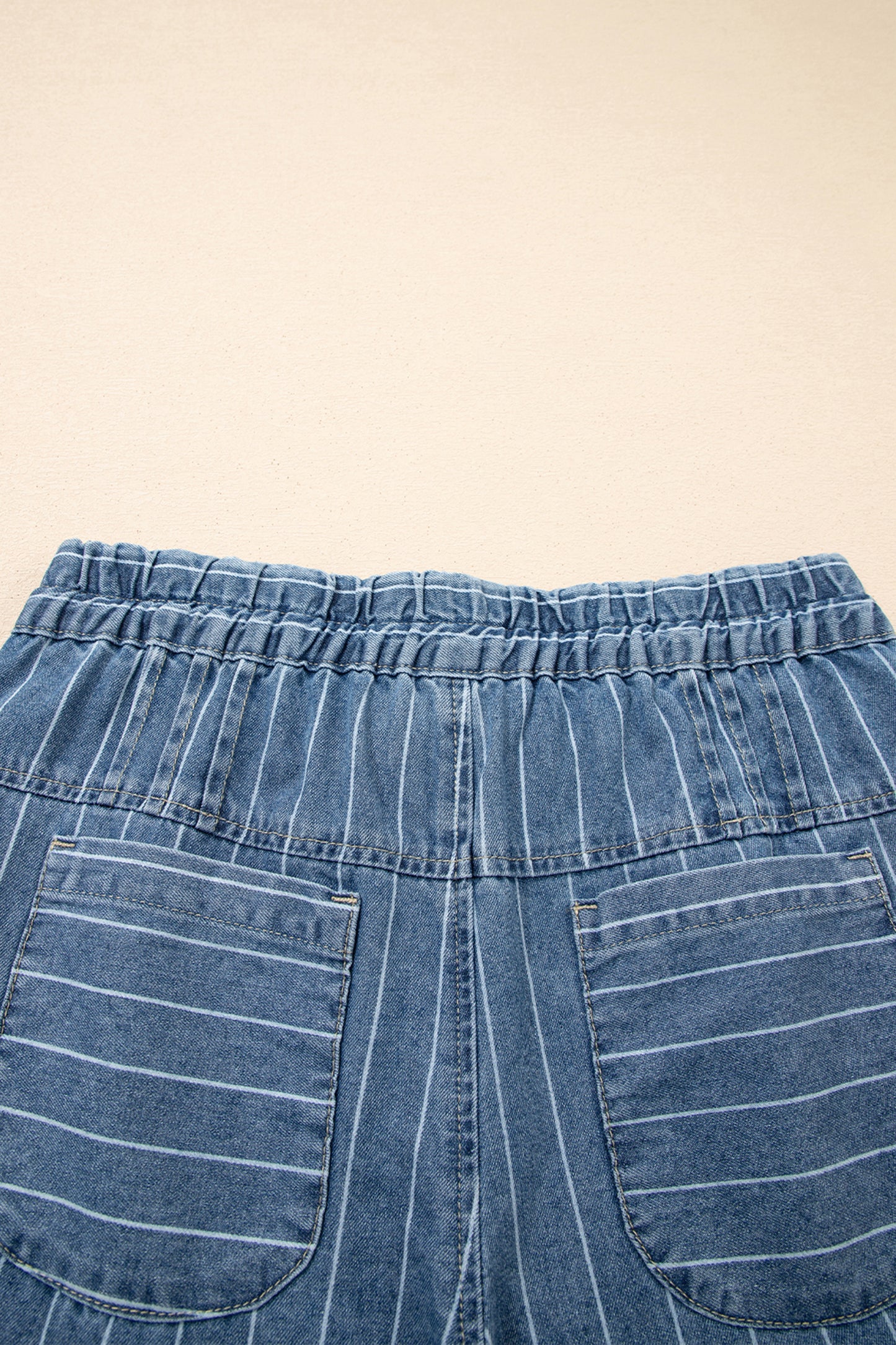 Sky Blue Stripe Button Pleated Drawstring Waist Casual Wide Leg Jeans