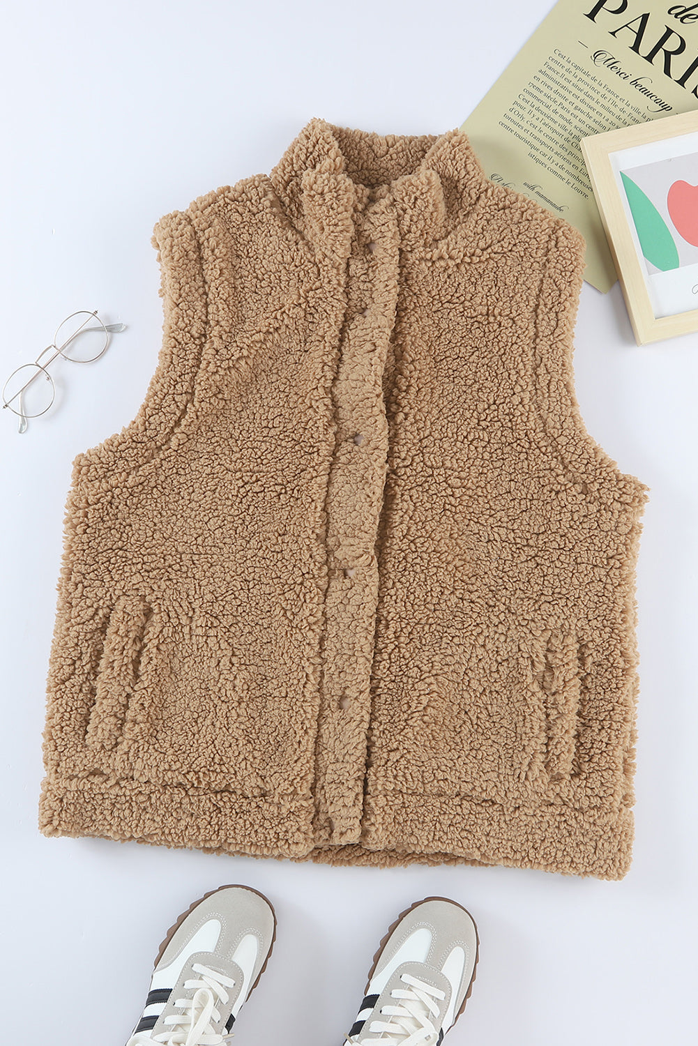 Green Snap Button Pocketed Sherpa Vest Jacket