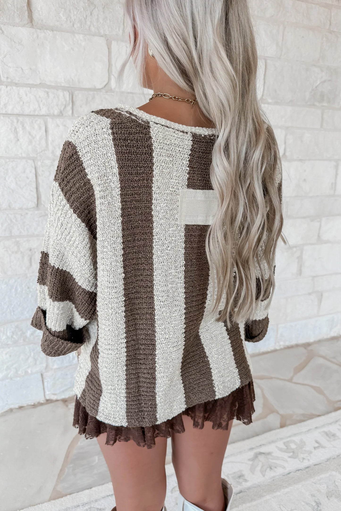 Red Stripe Colorblock V Neck Bracelet Sleeve Sweater