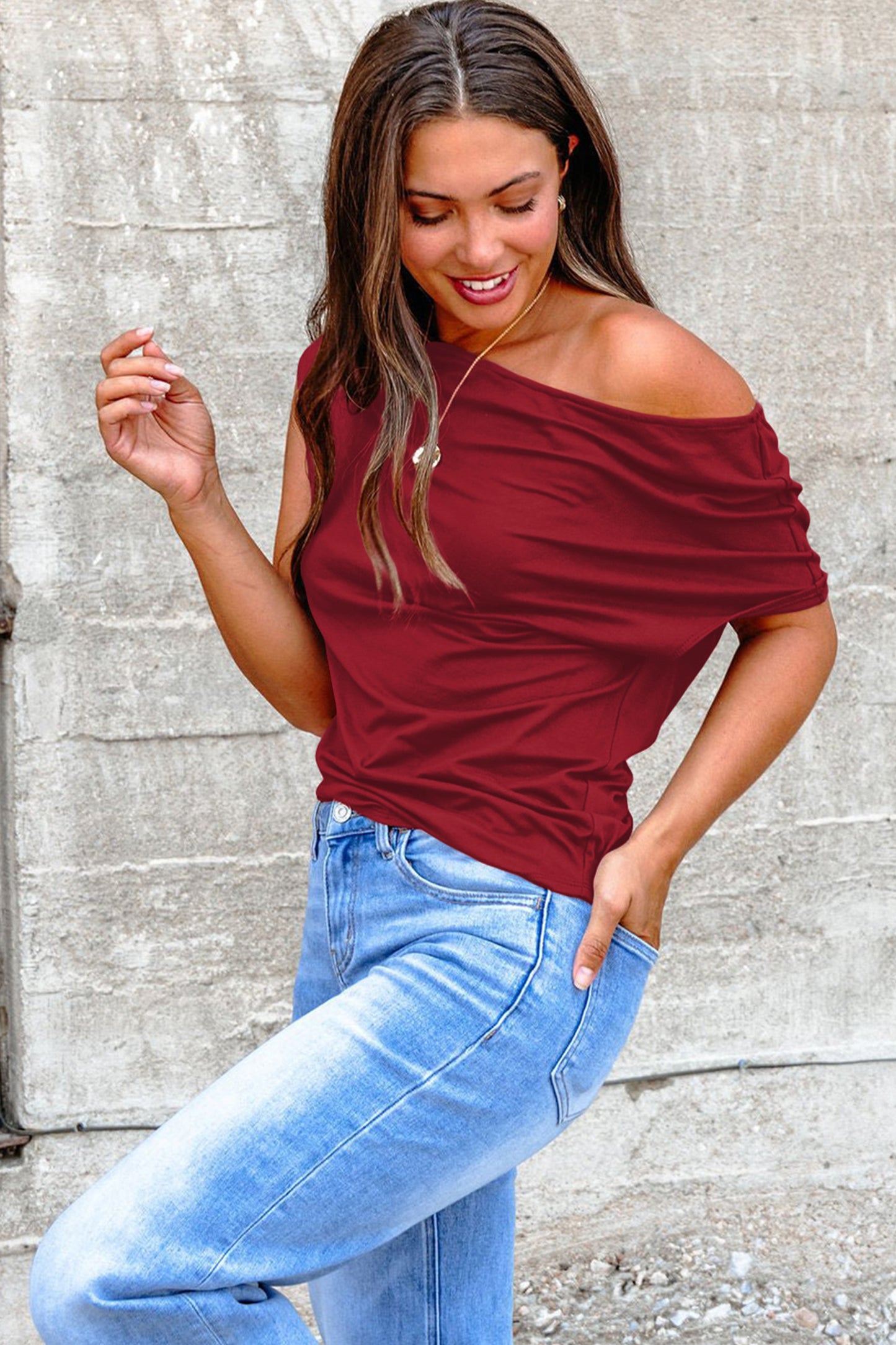Blue Sapphire Plus Size Solid Color Asymmetric Neck Short Sleeve Blouse