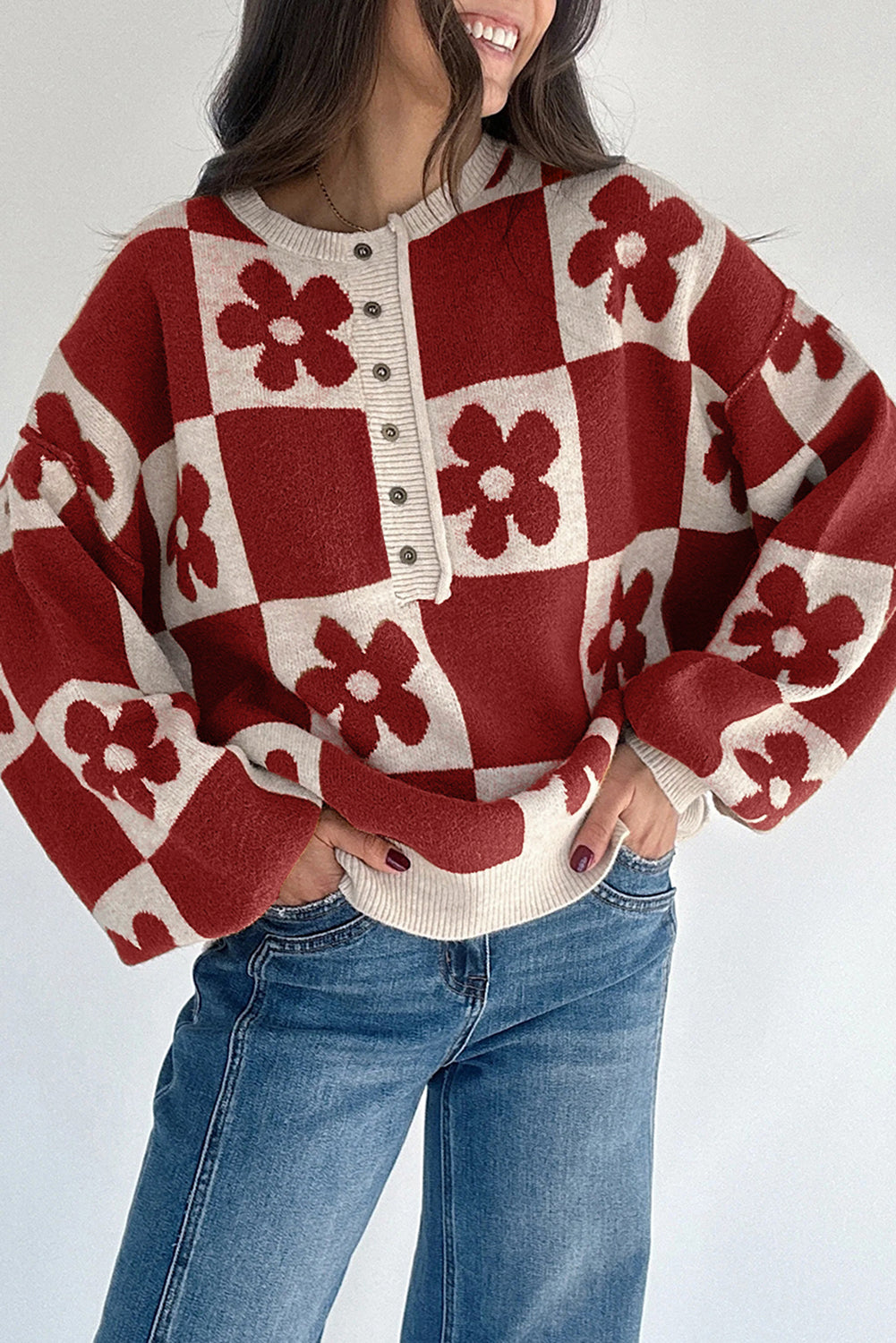 Thai Curry Flower Plaid Henley Baggy Sweater