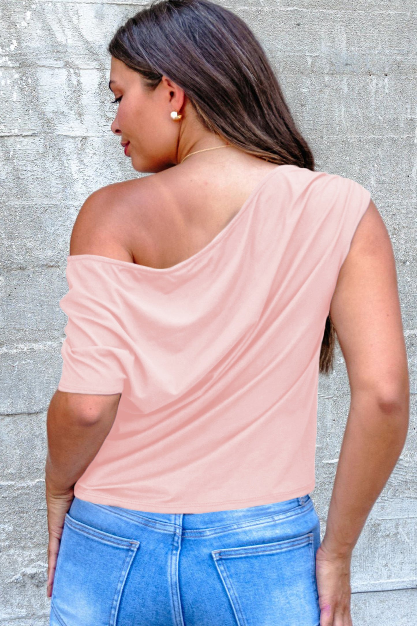 Blue Sapphire Plus Size Solid Color Asymmetric Neck Short Sleeve Blouse