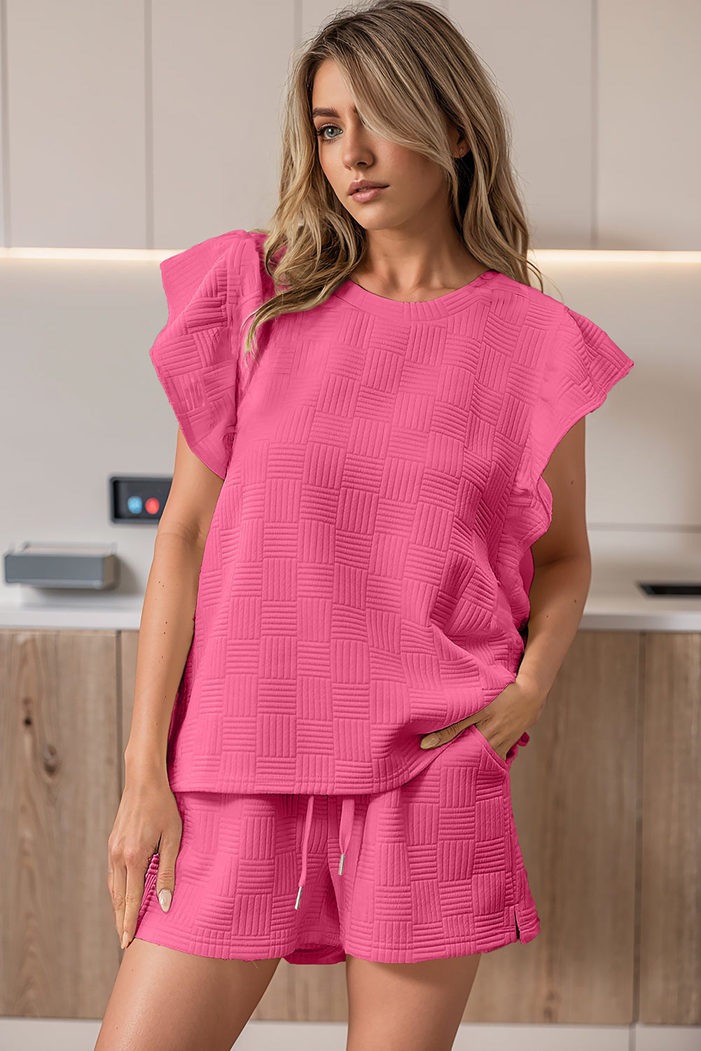Apricot Textured Ruffled Sleeve Tee and Drawstring Shorts Set