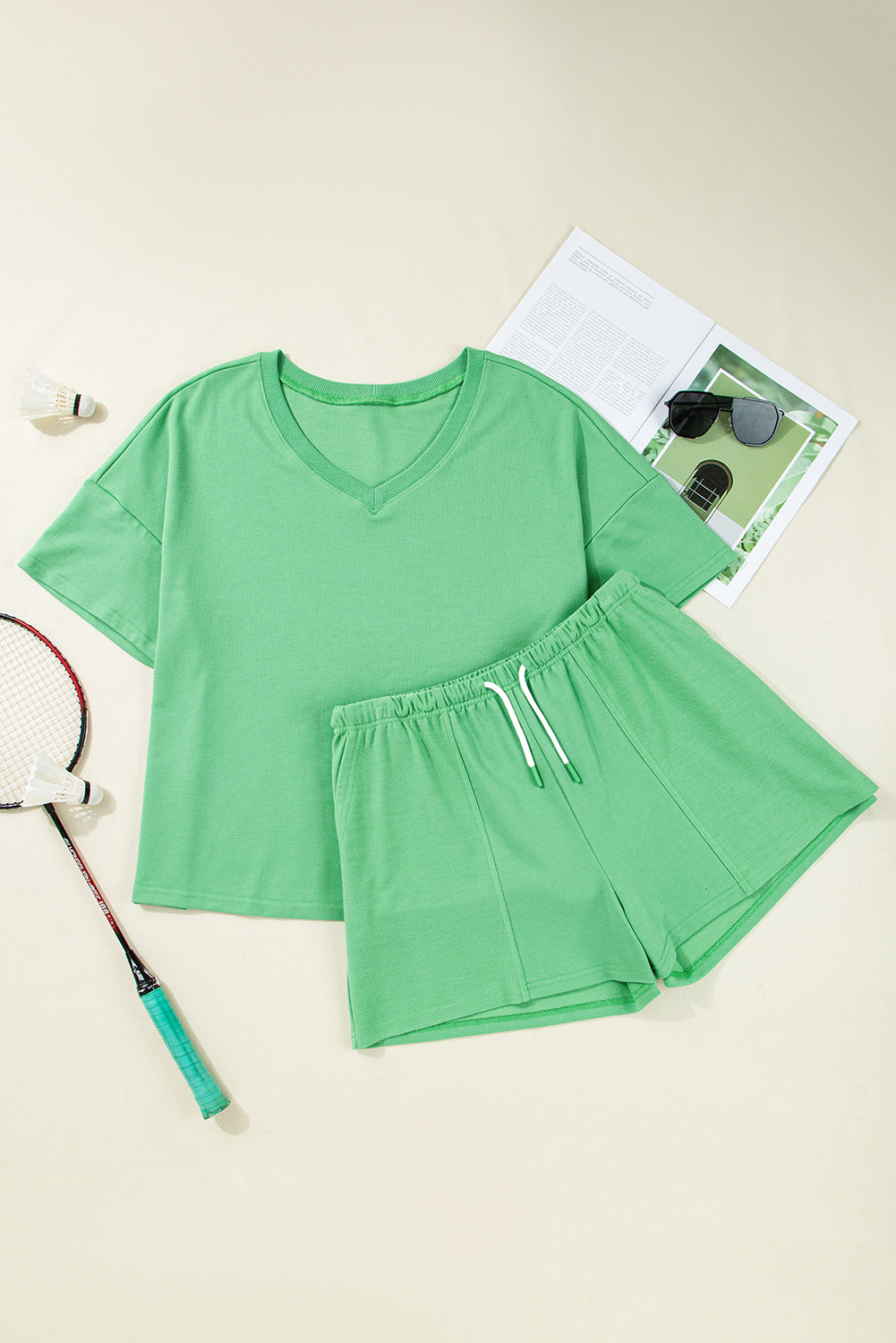 Mint Green Plus Size V Neck Tee Patched Pocket Drawstring Shorts Set