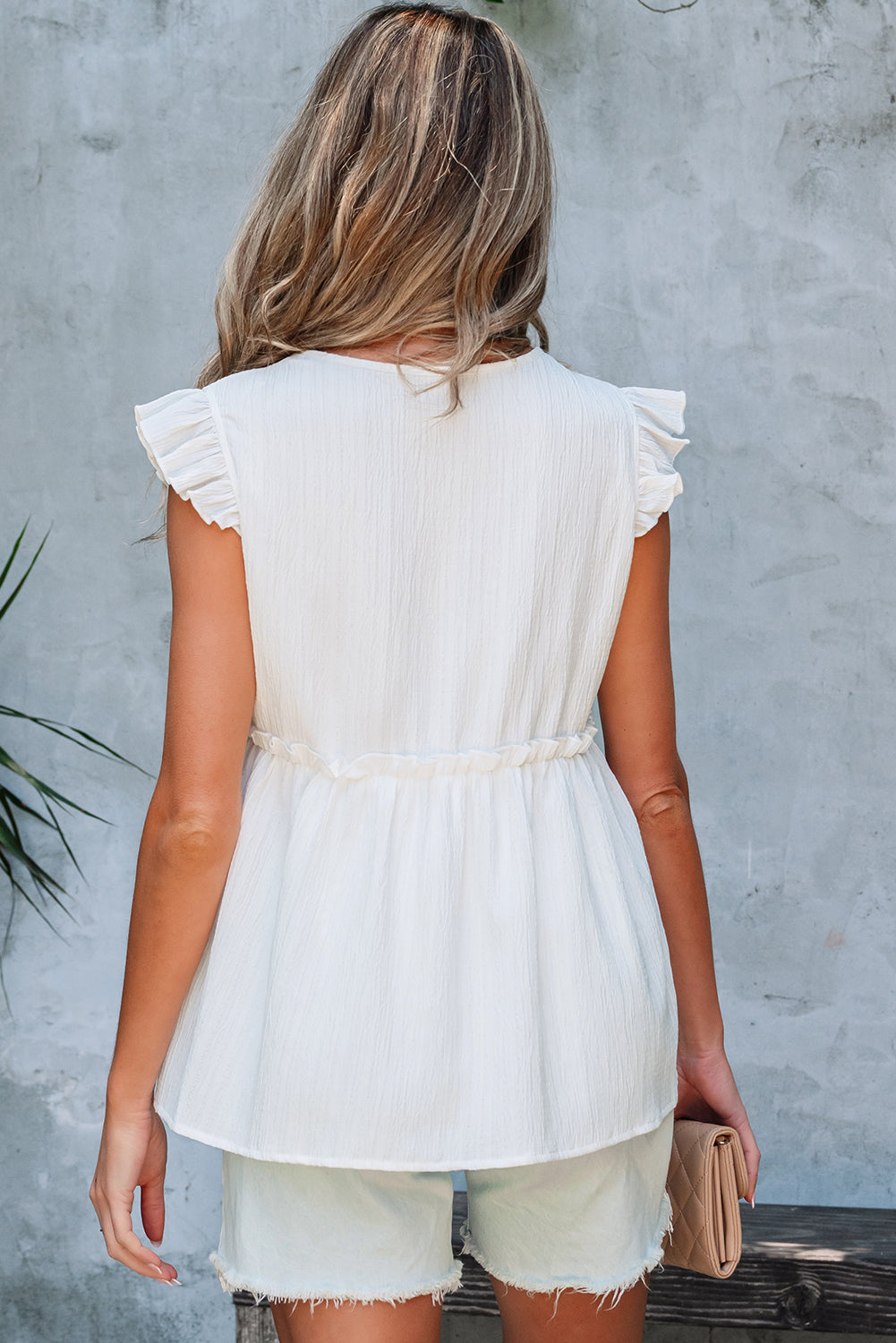 Light Pink Textured Ruffled Trim V Neck Flutter Flowy Top