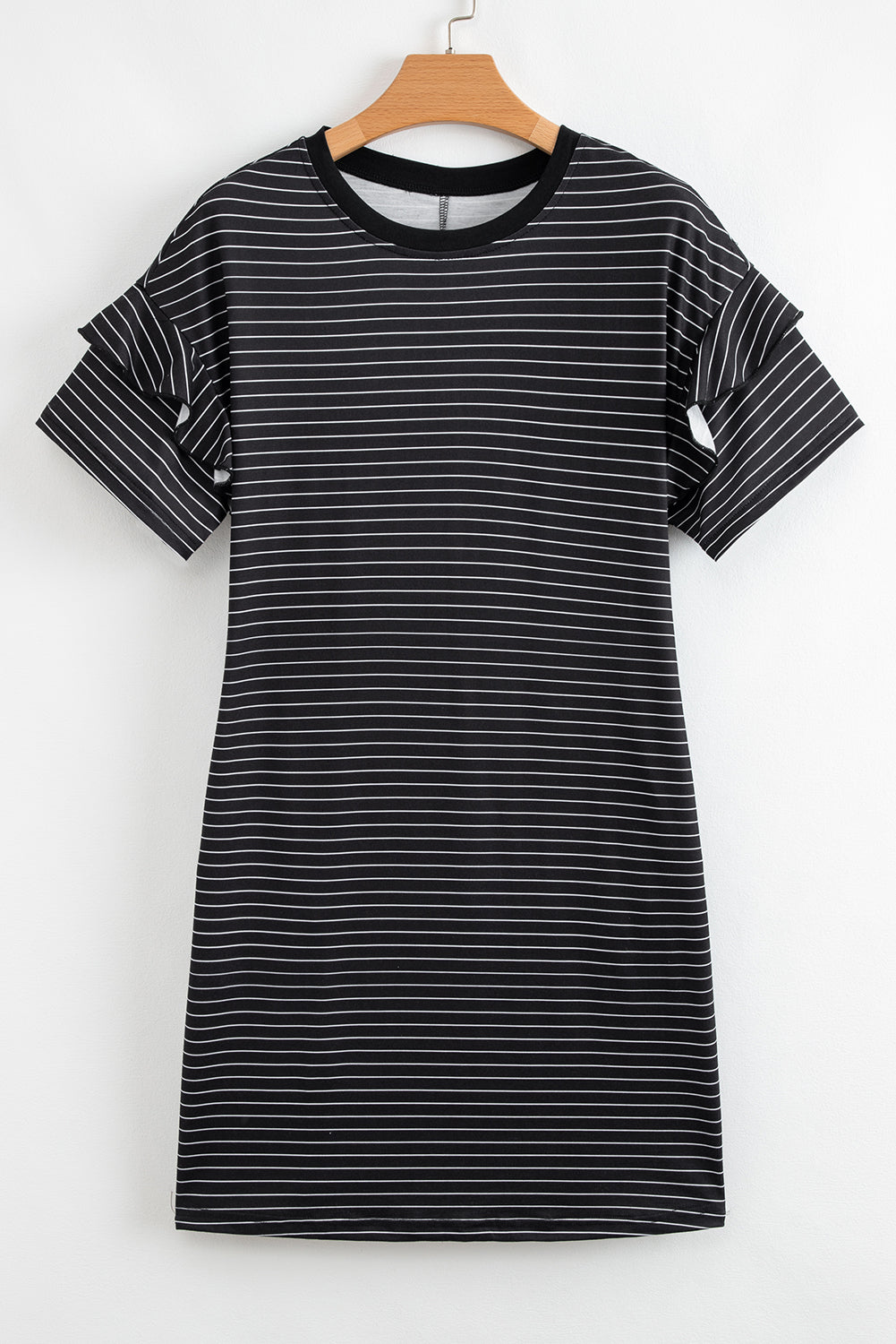 White Stripe Ruffled Short Sleeve Crew Neck T Shirt Shift Mini Dress