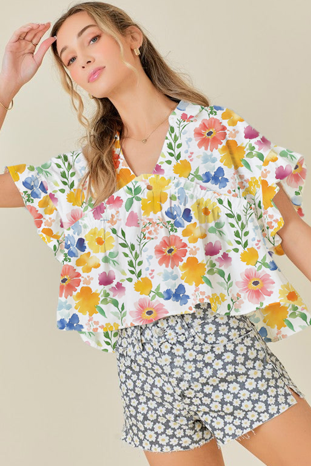 Yellow Floral Boxy Fit Ruffled Short Sleeve V Neck Blouse