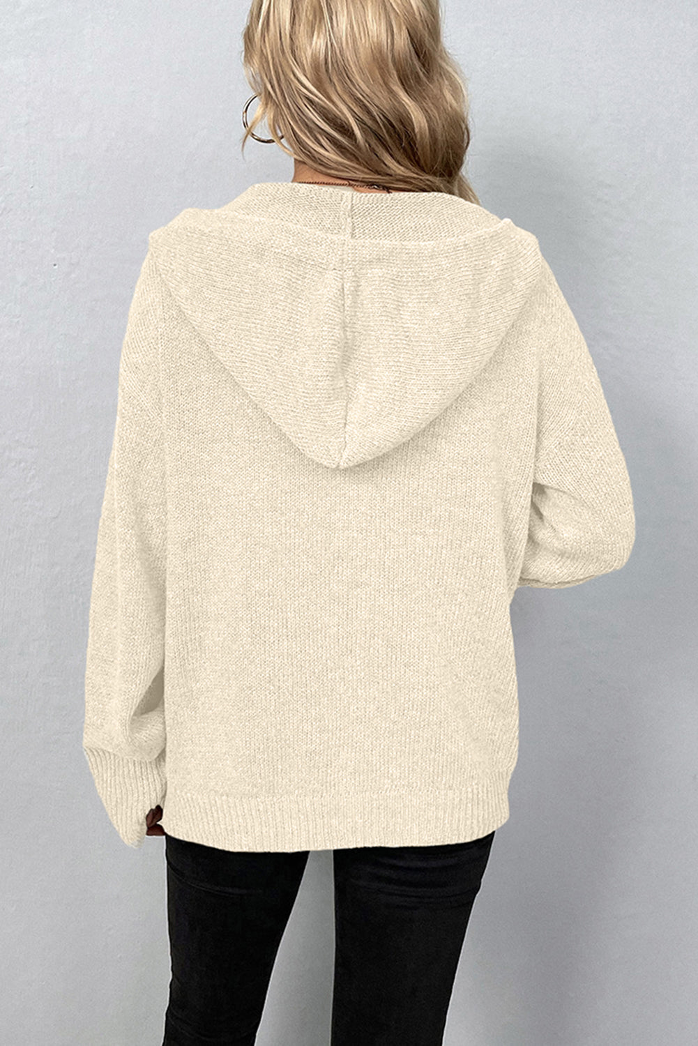 Medium Grey Drawstring Hooded Button Up Drop Shoulder Sweater Cardigan