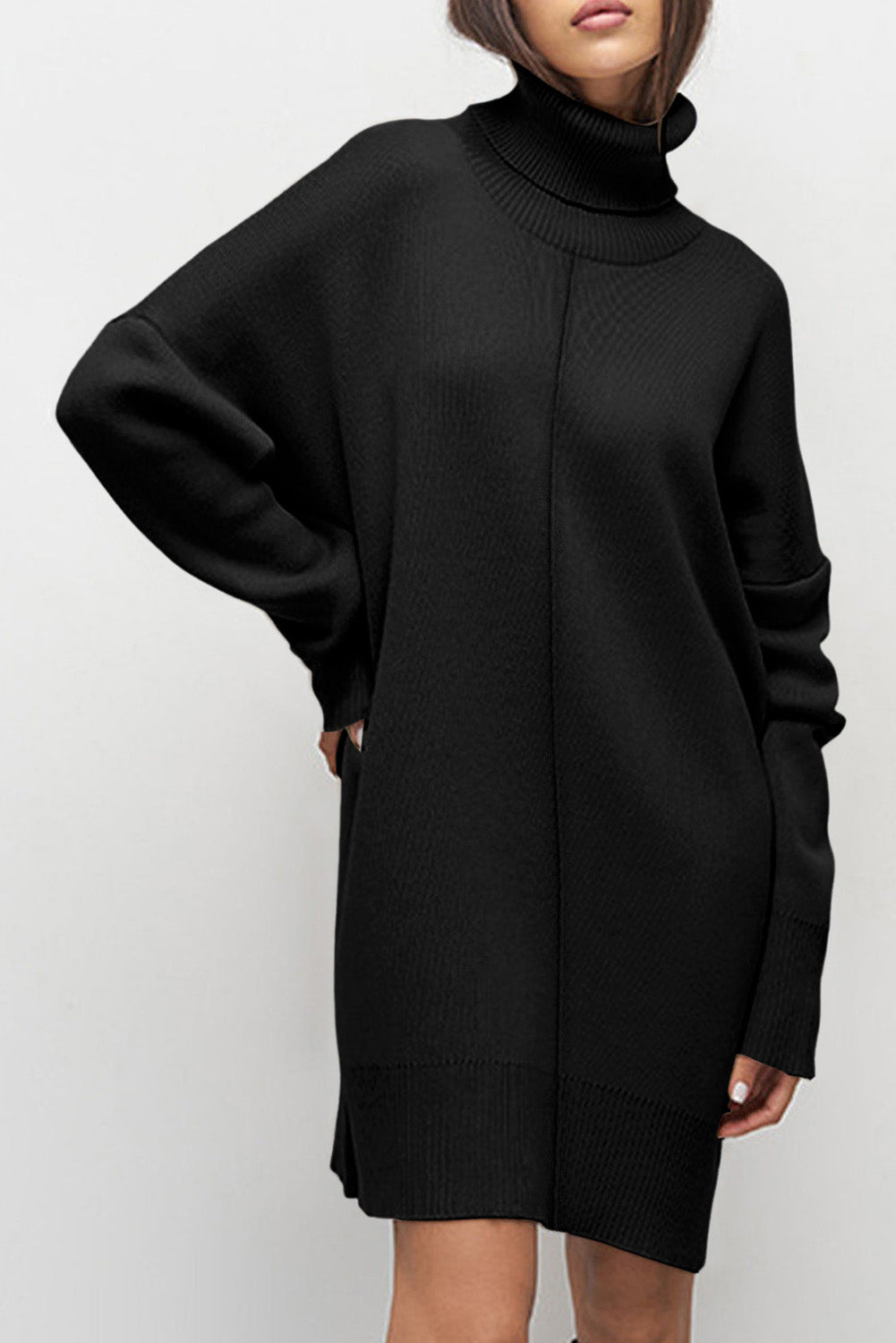 Gold Flame Solid Color Turtleneck Drop Shoulder Loose Sweater Dress