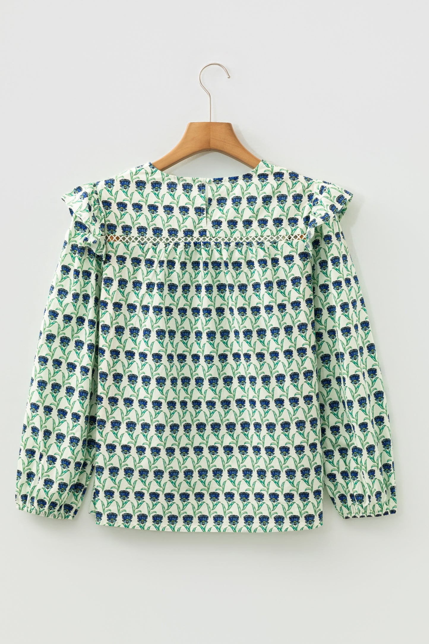 Green Floral Print Lace Detail Ruffle Trim Long Sleeve Blouse