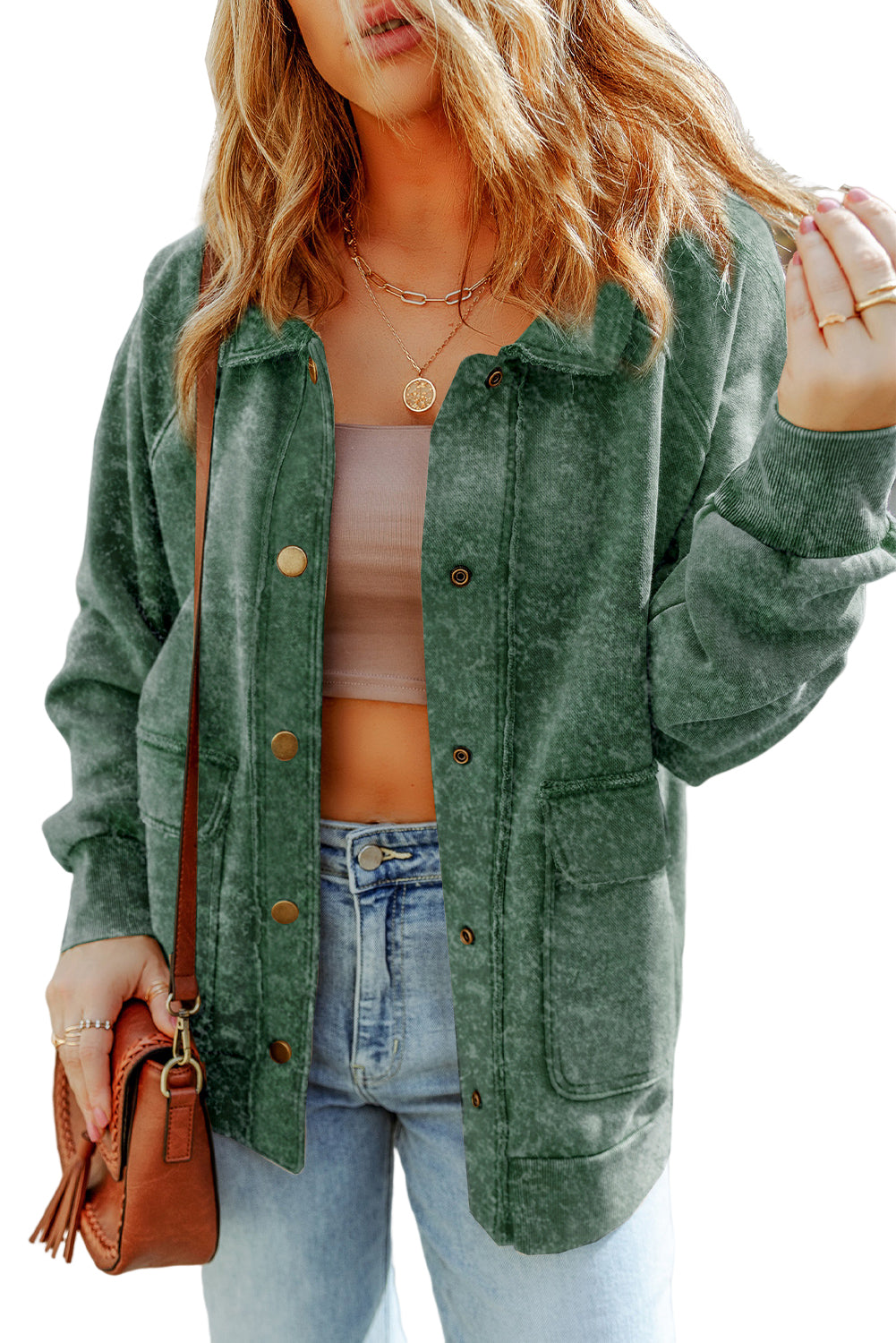 Gray Vintage Washed Flap Pocket Button Shacket