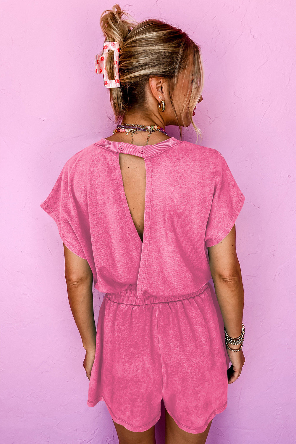 Rose Red Mineral Wash Drawstring Waist Hollow Out Back Short Sleeve Romper